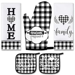 5 Pieces Buffalo Plaid Kitchen Towels Oven Mitts and Pot Holder Set Black and White Kitchen Towels Oven Gloves and Hot Pads Pot Holders for Farm House Kitchen Accessories and Decor (Heart)