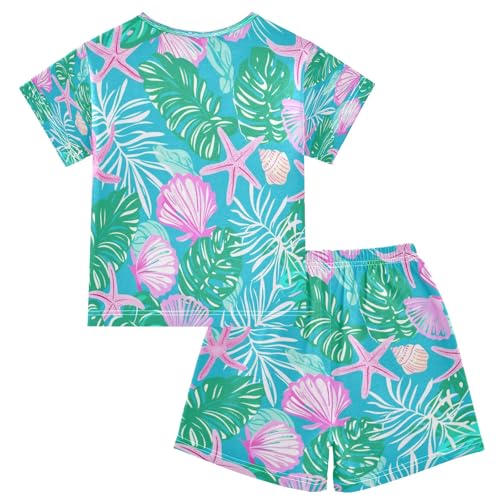 Tropical Leaf and Shell Kids Pjs Set Boys Girls Summer Short-Sleeve Sleepwear Pajamas 2PCS2