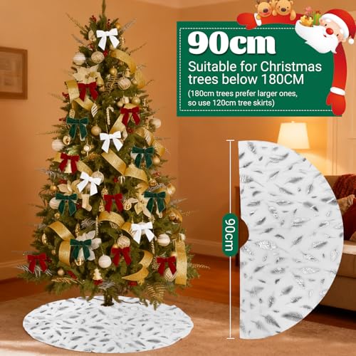 36 Zoll Kunstfell-Weihnachtsbaumrock mit silberner Folienprägung und Federn, Weihnachtsdekoration, Festliche, Dicke Plüsch-Weihnachtsbaumschmuckstücke (Snowflakes)