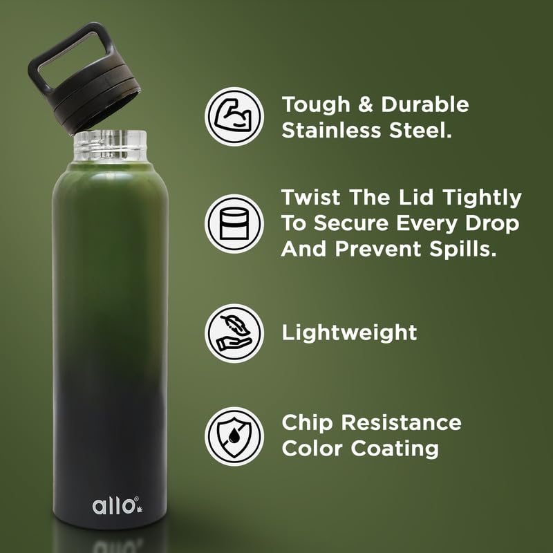 Image of Allo Stainless Steel Water Bottle For Adults, Kids 950ml Water Bottles For School, Office, Sports, Gym 950ml Water Bottle For Men And Women, Pack Of 2| Leak Proof, Bpa Free, Olive GR & BL