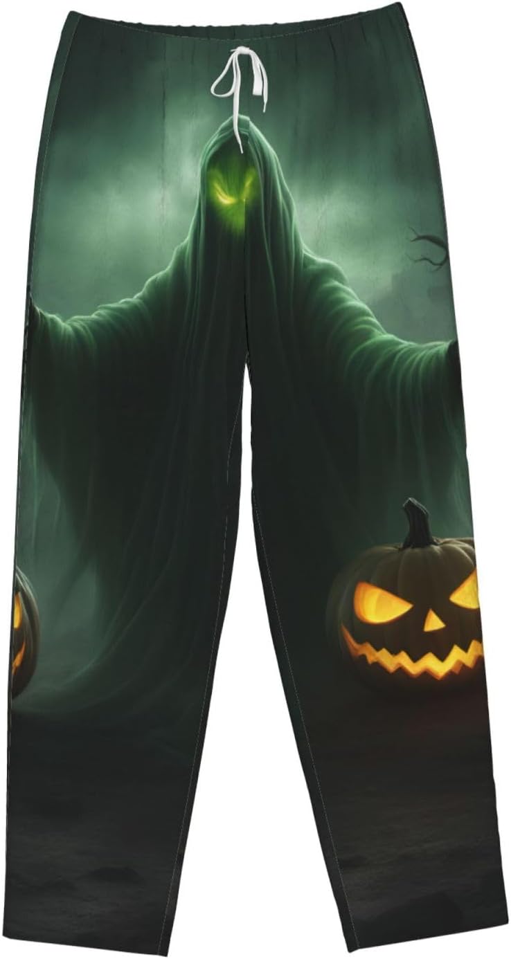 Green Ghost Horror Halloween Pumpkin Print Women'S Flannel Pajama Pants,Soft Warm Pajama Bottoms,Perfect For Holiday Lounging