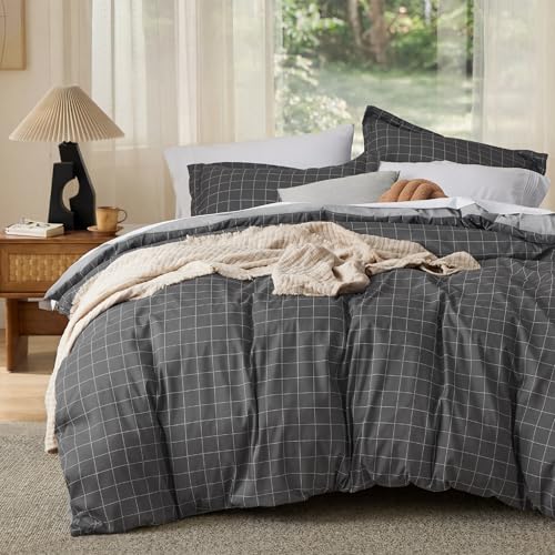 Image of Bedsure Duvet Cover Twin Size - Reversible Plaid Duvet Cover Set with Zipper Closure, 2 Pieces Dark Grey Bedding Set with 8 Corner Ties and 1 Pillow Sham 20 inchx26 inch