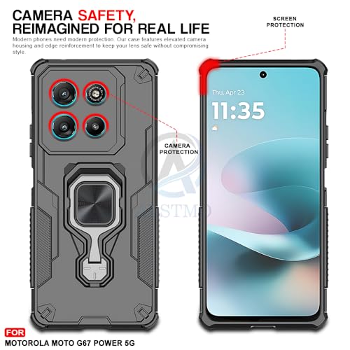 Image of AESTMO Armor Back Cover for Motorola Moto G67 Power / G57 Power 5G | Ring Holder & Kickstand & Camera Protection in-Built | 360 Degree Protection Back Case Cover (Black)
