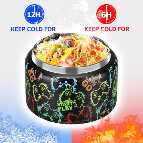 Image of JXXM 8 Oz Thermo Food Jar for Hot & Cold Food for Kids, Insulated Lunch Containers Hot Food Jar,Leak-Proof Vacuum Stainless Steel Wide Mouth Lunch Soup Thermo for School (Black-Game machine)