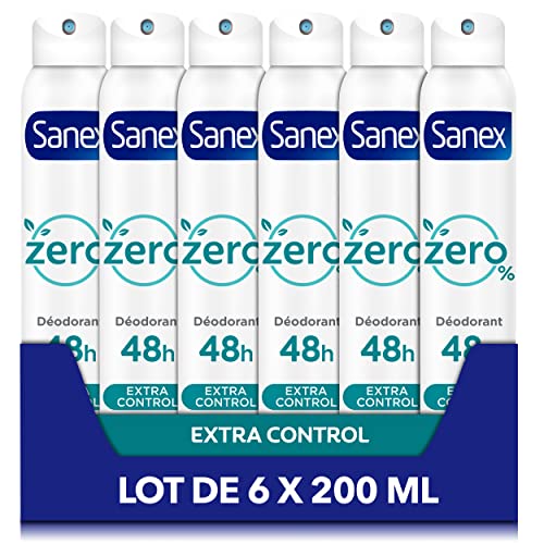 SANEX - Spray Déodorant 0% Extra Control - Déodorant Homme & Femme - Efficacité 48h - Sans Alcool, Sans Sels d'Aluminium - Lot de 6 x 200mL