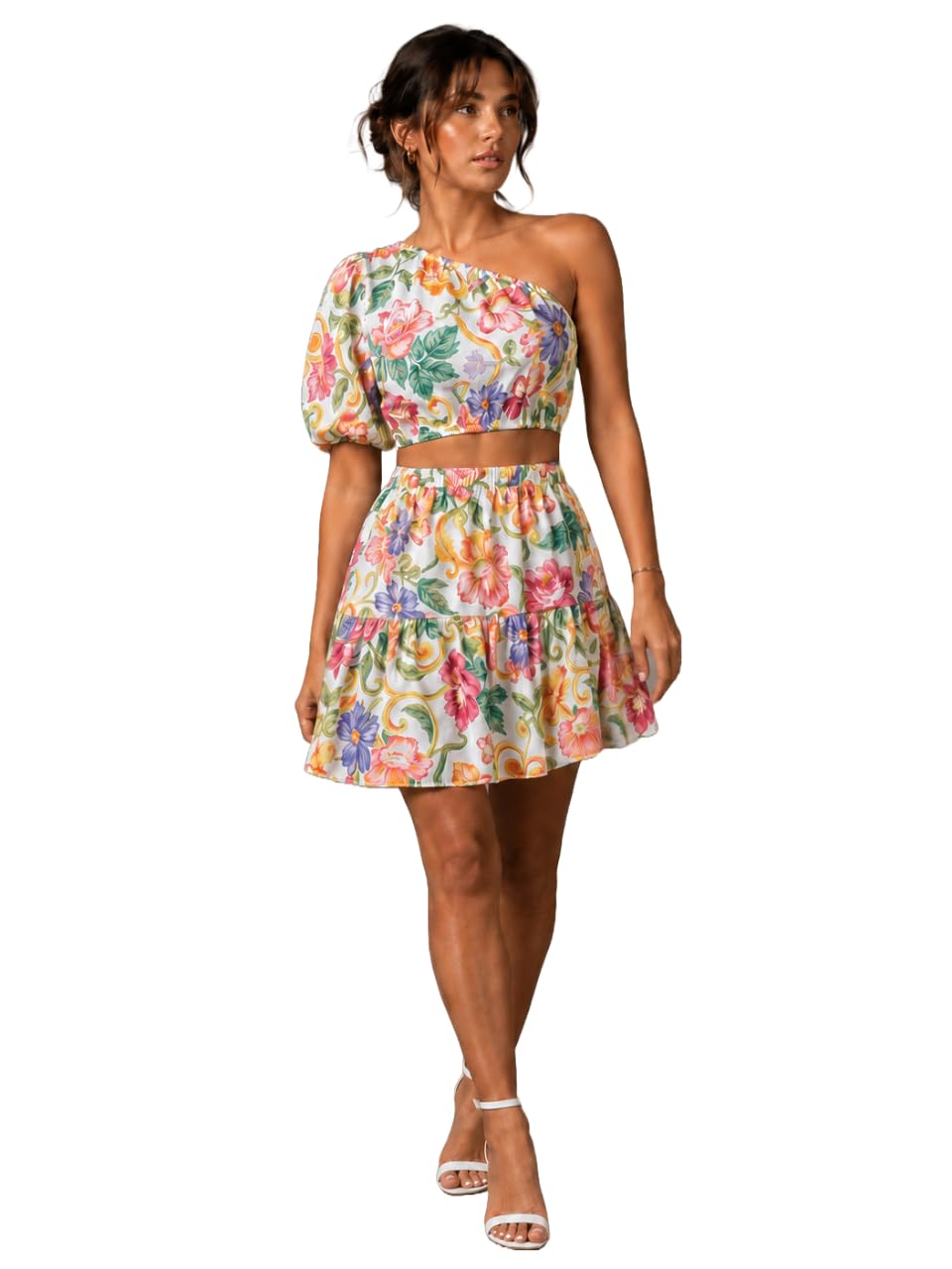 cool and casual Dress for Women Floral Printed One Shoulder Trendy Co-Ord Set | Crop Top & Mini Skirt Set | Stylish Western Two Piece Outfit for Summer Beach Vacation Travel Wear-picture-13