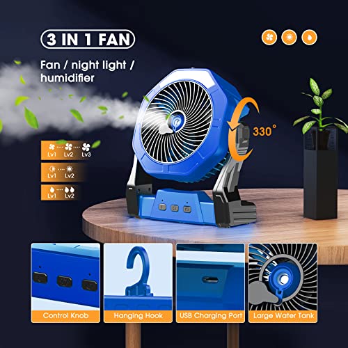 Misting Fan Portable, Outdoor Fan For Patio Rechargeable Fan With Light & 250Ml Water Tank, 10000Mah 8 Inch Battery Operated Fan With Hanging Hook, Camping Fan For Outside Tents Bedroom #TOP3