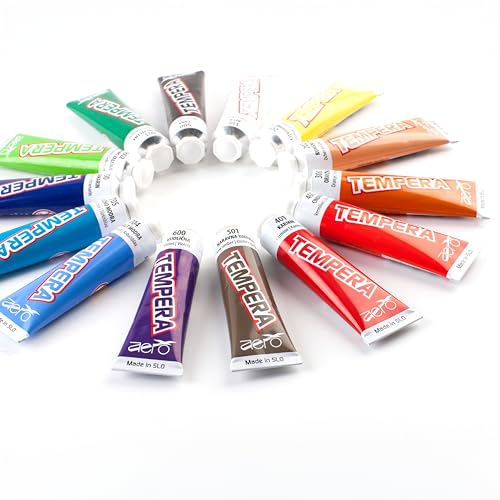 AERO Tempera, 12 leuchtende und intensive Farben, 7,5ml, hochpigmentiert, mit Wasser vermalbar, für zahlreiche Maltechniken