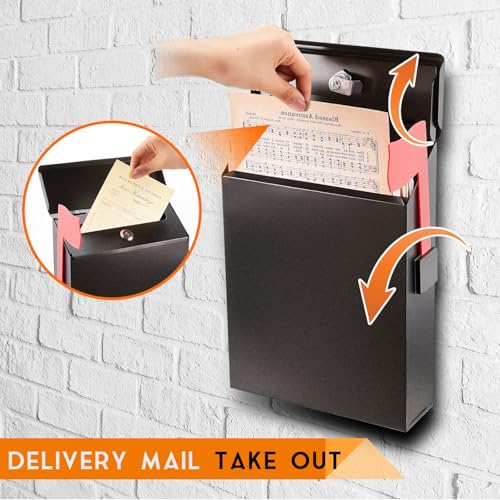 Image of Tandefio Wall Mount Mailbox for Outside, Large Capacity Rust-Proof Mail Box with Stay-Open Lid & Red Flag Reflective Sticker Keys Kit, Post Box for House Outside, 11.4 inchx8.7 inchx2.6 inch, Black