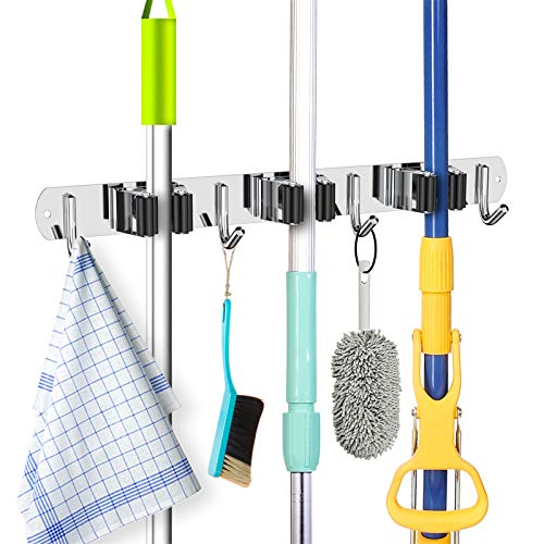ZONGOOL Mop Broom Holder Wall Mount Hook Stainless Steel Wall Mounted Heavy Duty Tools Hanger with 3 Racks 4 Hooks Storage Organizer Systems for Home Closet Garden Utility Racks (Black-1 Pack)