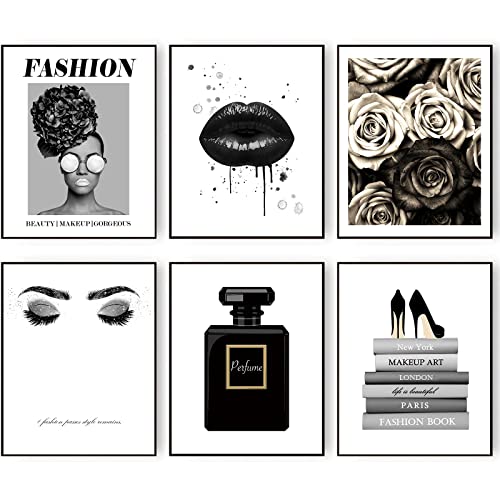 HOGEBIG Glam Black Gray Fashion Wall Decor Girls Room Decor Wall Art Pints Silver Perfume Book High Heels Flowers Lips Posters Prints Bedroom Office Decor (8"x10" UNFRAMED)