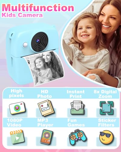 NUOTUN Sofortbildkamera Kinder, Kinder Kamera mit Fotos drucken, 2,0 Zoll HD Bildschirm, 8X Zoom, 1080P Digitalkamera mit Druckpapier & Karte, Kinderkamera Geschenk mädchen & Junge 3-12 Jahre (Blau)