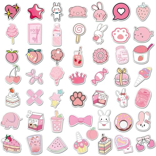 50 Pegatinas Kawaii Aesthetic en Vinilo Rosa - Set de Pegatinas Aesthetic para Guitarras, Teléfonos Móviles, Ordenadores, Álbumes de RecortesI mán de refrigerador, etc.