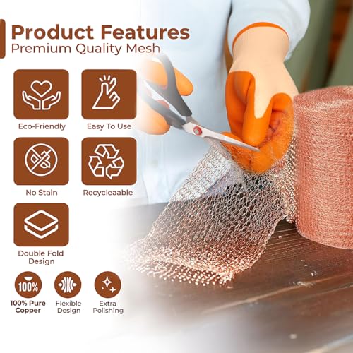 Image of Copper Mesh Rodent Control, 5in x 202ft- Rustproof Copper Mesh Roll for Rodent, Bat & Snail - Perfect for Hole Blocking, Gardening & Sealing Water Opening - Plus Bonus Scissor & Gloves