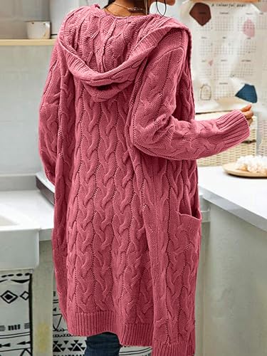 Image of Women Hooded Open Front Cardigan Cable Knit Chunky Long Sweater Coats | solid color, cable knit ,long duster cardigan,chunky coatigan,winter ,falll ,side pockets