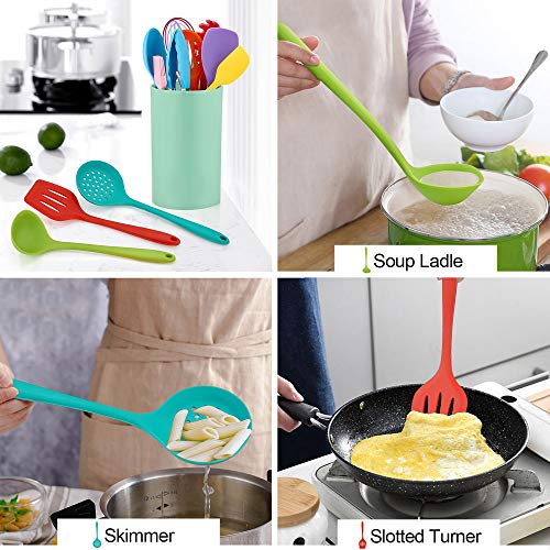 Image of LIANYU 12-Piece Silicone Kitchen Cooking Utensils with Holder, Kitchen Tools Set Include Slotted Spatula Spoon Turner Ladle Tong Whisk, Dishwasher Safe, Multi Colored