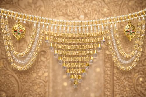 Image of Premium Golden Beads Toran for Door | Designer Bandarwal with Leaf Motifs & Hanging Bells | Traditional Door Decoration for Diwali, Wedding, Griha Pravesh & Pooja
