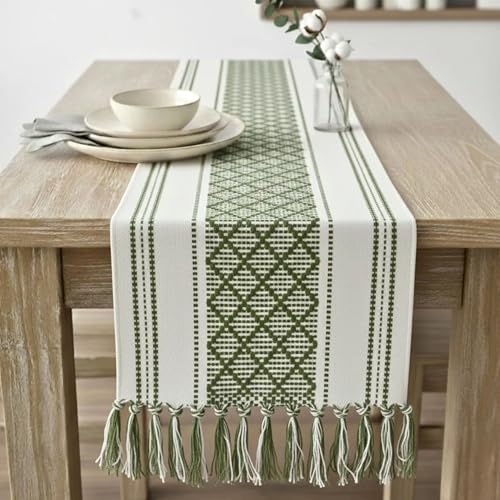 Image of Curated Cart Boho Table Runner 13x70 Inch with Tassels - Cotton Table Runner for 6 Seater Dining Table, Centre Table Runner for Living Room, Farmhouse Dining Table Decor (Green)