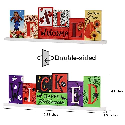 Fall Decor & Halloween Decorations Indoor, Decspas 1 Pc Double-Sided Wooden Fall Decorations For Home, Fall Wicked Sign Thanksgiving Table Decorations Halloween Decor For Mantel, Shelf, Tabletop #TOP6