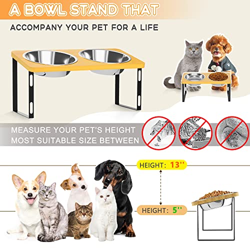 Uqnal Elevated Dog Bowls Stand Bamboo Raised Dog Bowl With 15° Stand Tilted For Medium And Small Dog Water Bowl With 4 Stainless Steel Bowl And Anti Slip Feet #TOP2