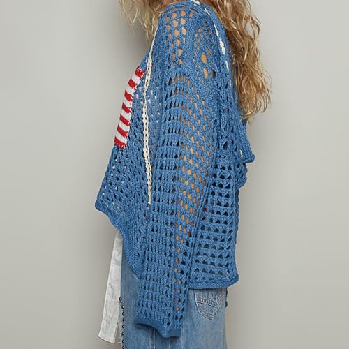 Women's American Flag Crochet Sweater 4th of July Long Sleeve Loose Pullover Hollow Cover Up Tops Summer Beach Party3