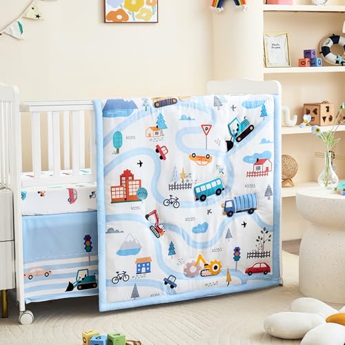 Image of 3-Piece Crib Bedding Set for Boys Girls - Ultra Soft & Skin Friendly Baby Bedding Set Includes Crib Comforter, Sheet & Crib Skirt(Vehicle)