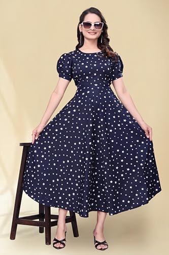 Image of Women's A-Line Crepe Maxi Dress | Stylish Fit and Flare Dress with Round Neck Short Puff Sleeves for Casual Wear