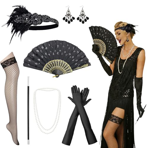 GHUAP 7Pcs Accessoires Gatsby Femme, Charleston Femme Kits de Déguisement, Ensemble de Costume Lady Gatsby du Carnaval, Flapper Great Gatsby Accessories Set, Déguisement Année 20Femme