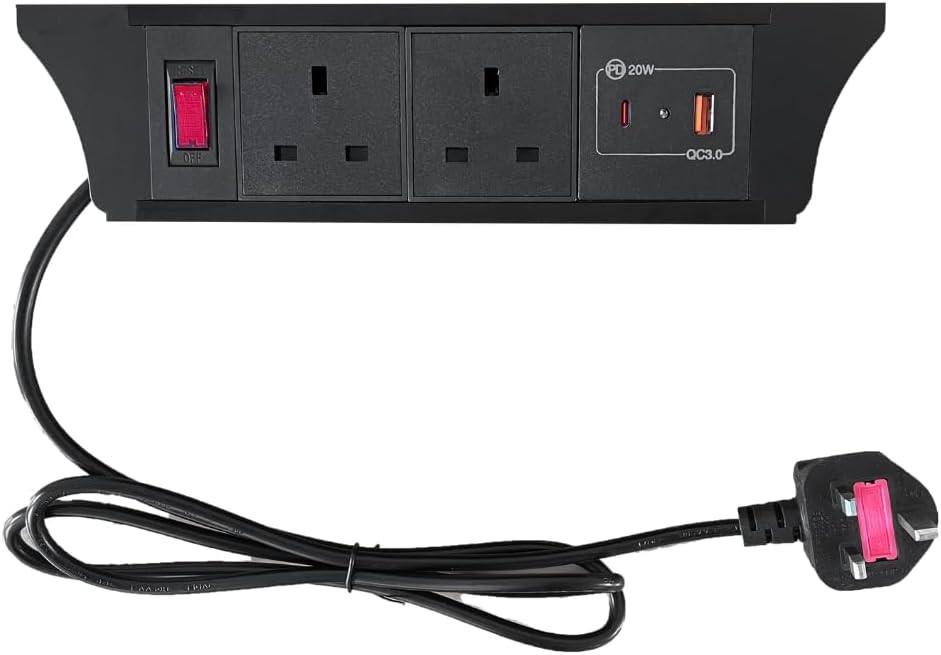 Under Desk mount Cable Management Desk Power Board Power Outlet Extender with 1 Switch 2 Outlets 1 USB and USB C Fast Charging Ports 1.5M Extension Cord for Office Home Hotel Conference,Black