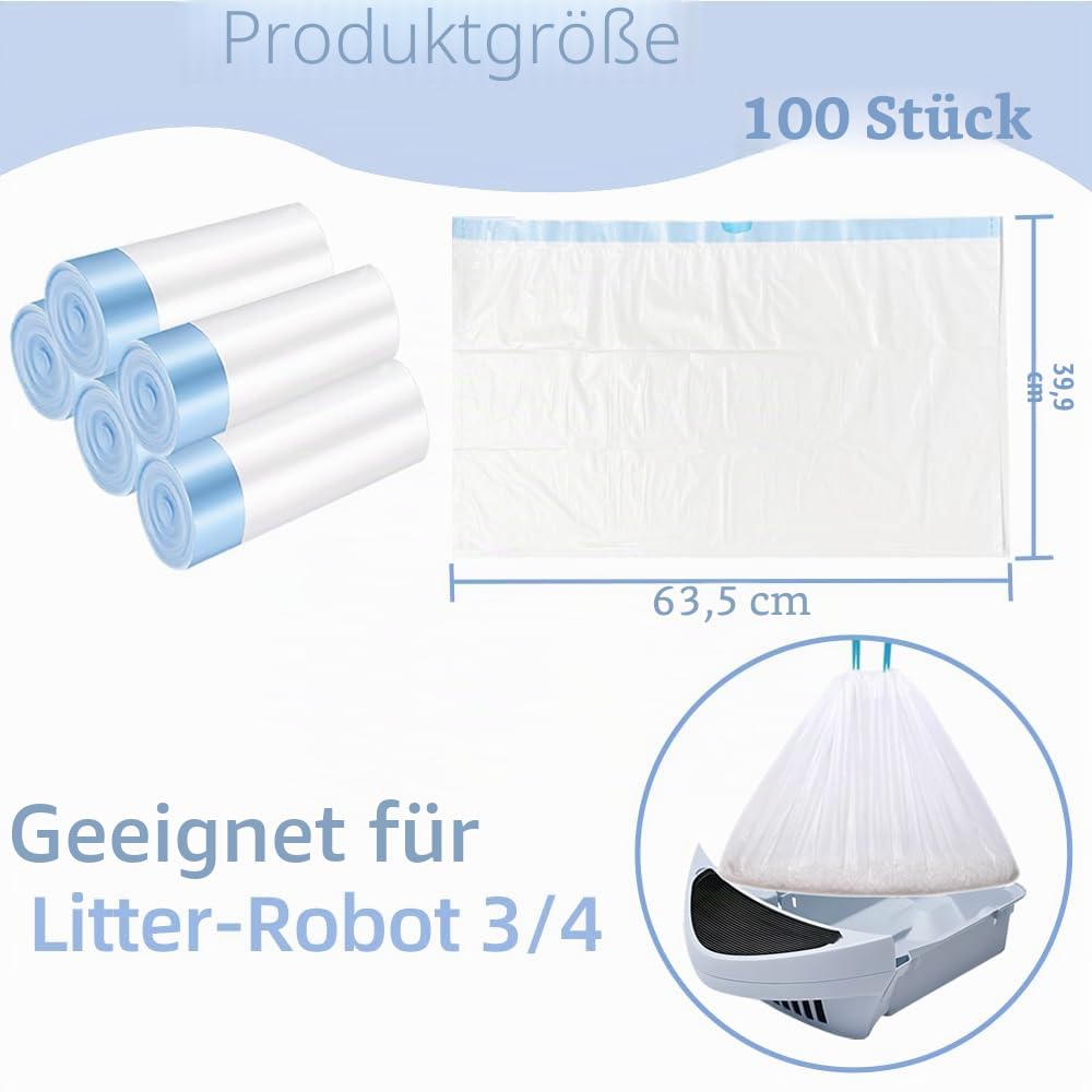 100 Stück Katzenklobeutel mit Kordelzug, Fassungsvermögen 37 bis 40 Liter, Abfallbeutel für Katzenklo, Roboter 3/4, Abfallschubladeneinlagen, 63,5 x 40 cm