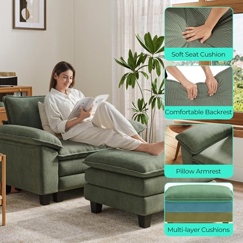 Image of LINSY HOME Cloud Sofa Accent Chair with Ottoman Chaise Lounge Chair Indoor, Corduroy Couch Sofa Chair for Living Room Apartment Bedroom Office, Green