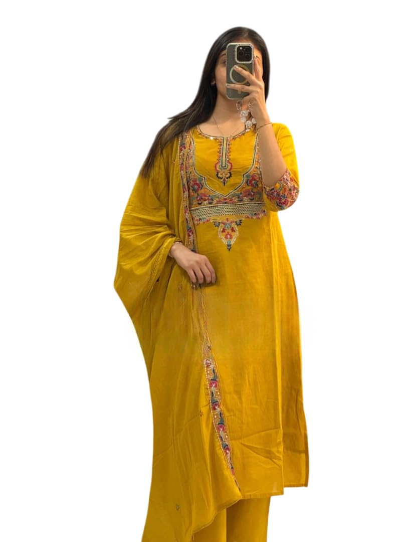 elvanto fashion Pure Cotton Mughal Kalamkari Fusion Kurta Pant with Mal Cotton Dupatta Set for Women | Heavy Embroidery Work Kurti Set for Festive, Ethnic & Casual Wear (Mustard Yellow)-picture-27