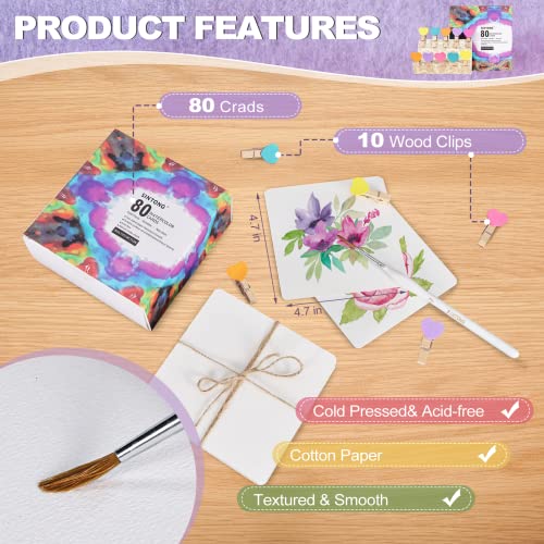 Sintong Watercolor Paper Cards, 80 Sheets Of 300Gsm/140 Lb,100% Cotton Water Color Paper, With 10 Wood Clips In Box, Cold Pressed, Double-Side Textured Cardstock For Watercolor, Oil Pastel And More. #TOP1