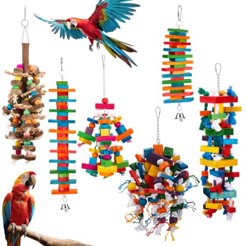 Image of Seenelling 6 Pcs Extra Large Bird Toys for Parrots, Block and Ball | Multicolored Natural Wooden Blocks & Beads Bells, Bird Cage Chewing Toys for Large Medium Macaws African Grey Cockatoos