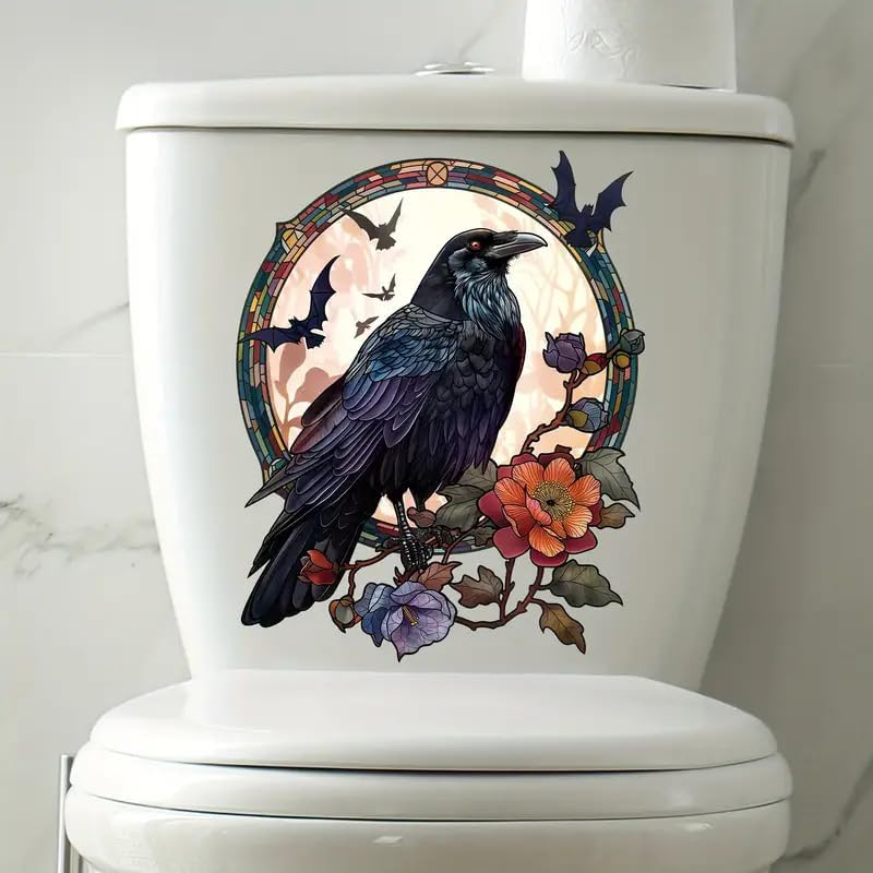 Halloween Raven and Bats Toilet Cover Sticker Decals,Fish Bird Flower Leaf Waterproof Toilet Lid Tank Seat Decals Cistern Self-Adhesive Bathroom Wall Sticker