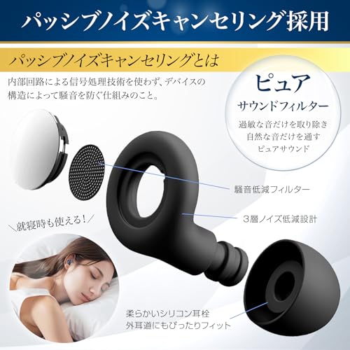 【睡眠インストラクター推薦】Wawalag(ワワラグ) ノイズバスター 耳栓 睡眠用 遮音 ノイズキャンセリング 聴覚過敏 快眠 安眠 リラックス (ブラック, フリーサイズ)