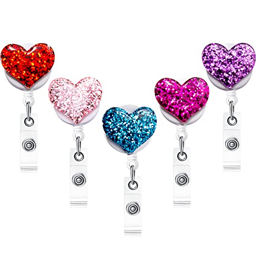 Qinsuee Bling Popular Love Heart Retractable Badge Holder, Id Nurse Badge Reel With Alligator Swivel Clip, 5 Pack #TOP1