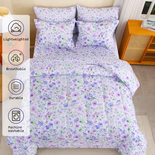 Image of lasoftan Floral Queen Comforter Set with Sheets, 7 piece Luxury Vintage Bedding, Soft Microfiber Bed in a Bag, Cozy Lightweight Bed Set, Purple Green Botanical