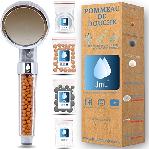 JaMoonLbv JmL® Marca Francesa | Ducha Anticalcárea | Alcachofa Grande Inoxidable | 30 a 40% Ahorro DE Agua | Telefono Extraible |Ducha de Baño | Filtro y Alta Presión | Recambio de Bola Mineral Extra Cover