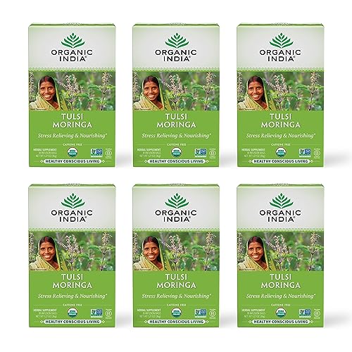 ORGANIC INDIA Tulsi Moringa Tea Bags – Holy Basil, Lemongrass, Moringa Leaves, Stress Relieving & Nourishing, Immune Support Tea, Vegan, Certified Organic, Caffeine-Free – 18 Infusion Bags, 6 Pack