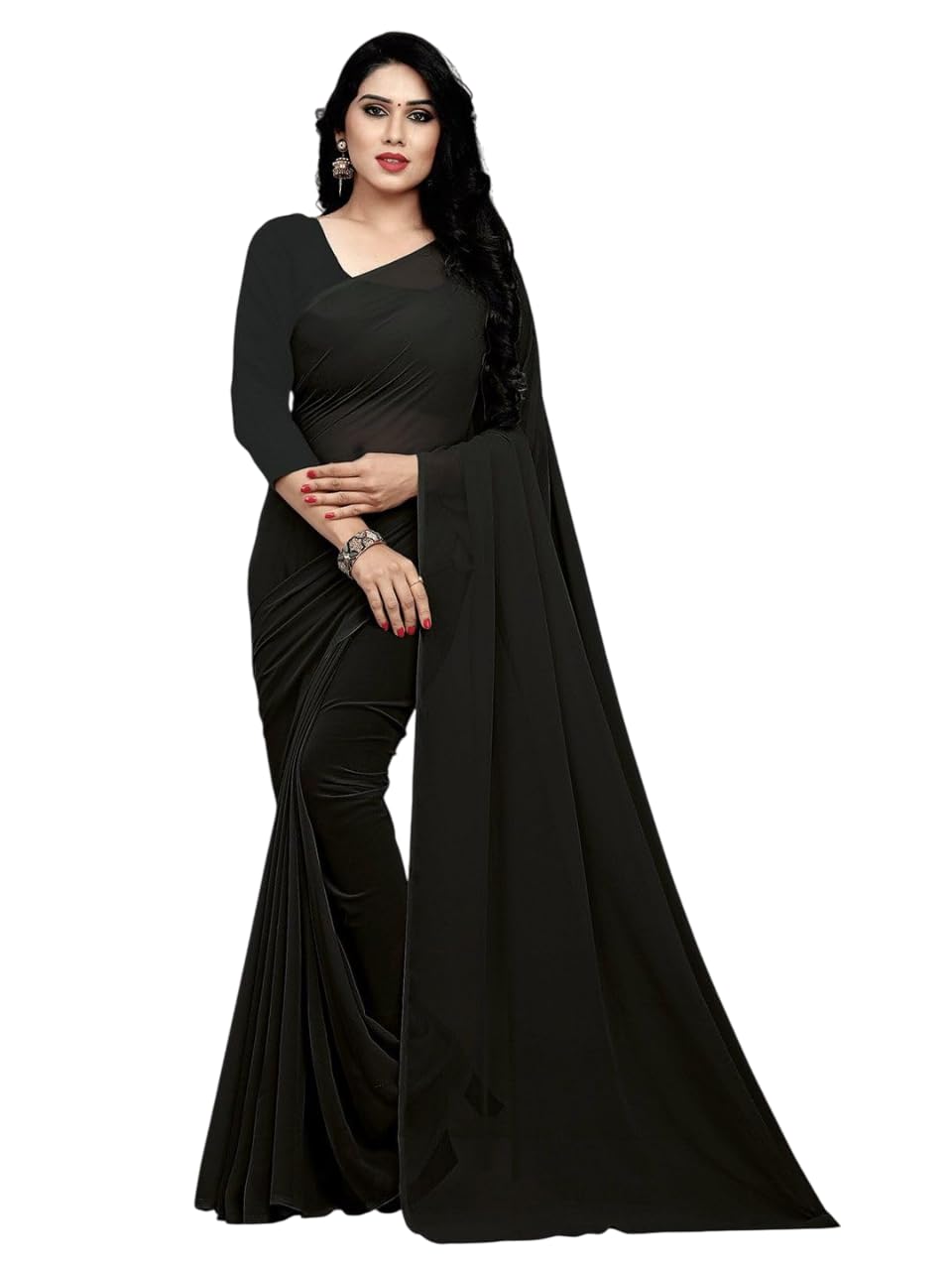 Solid Pure Georgette Saree - 216980, Black, One Size, Black, One Size