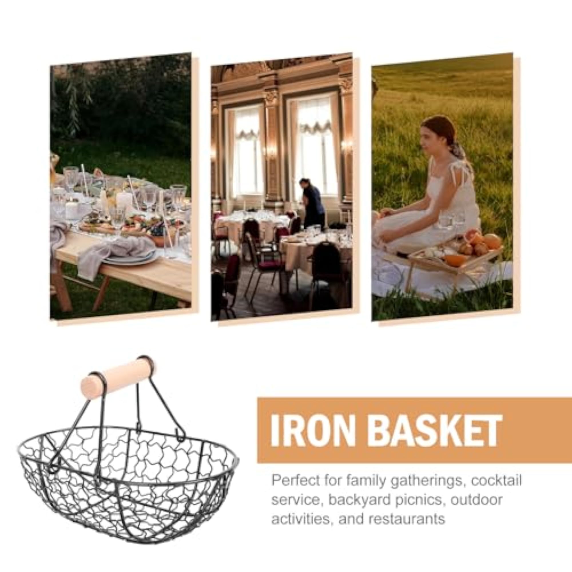 Oval Black Iron Fruit Storage Basket with Wood Handle