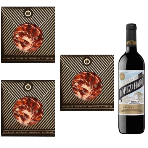 Pack Vino Rioja - Jamón de Bellota 100% Ibérico Maldonado Cortado a Mano 100g + Vino Tinto López de Haro Crianza - 3 Sobres + 1 Botella 75cl