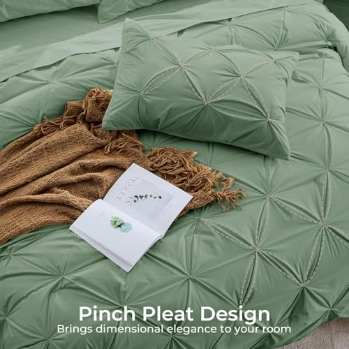 Image of Sasttie Queen Comforter Set, 7-Piece Bed in a Bag, Pintuck Bedding Sets for All Season, Includes Comforter, Flat Sheet, Fitted Sheet, Pillowcases and Pillowshams, Sage Green