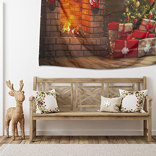 Qiyi Christmas Tapestry Wall Hanging Xmas Tree Stove Decorative Backdrop Blanket Large Aesthetic Tapestries Bedroom Décor Stockings Gifts Festive Tapestry - 90" L X 71" W, Christmas Fireplace Presents #TOP2