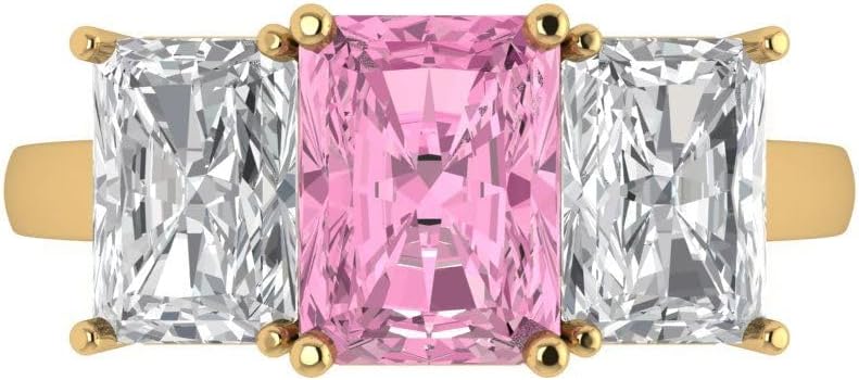Clara Pucci 14K Solid Gold Ring for Women - 4 cttw Emerald Cut Simulated Pink Diamond Yellow Gold Three-Stone Anniversary Bridal Ring