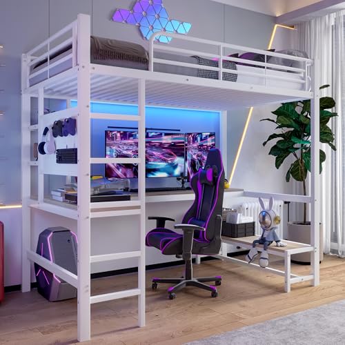 Lit mezzanine 90x200cm, avec port USB et lumière LED, lit en fer avec bureau, étagères de rangement et panneau suspendu, lit simple avec barrières de...