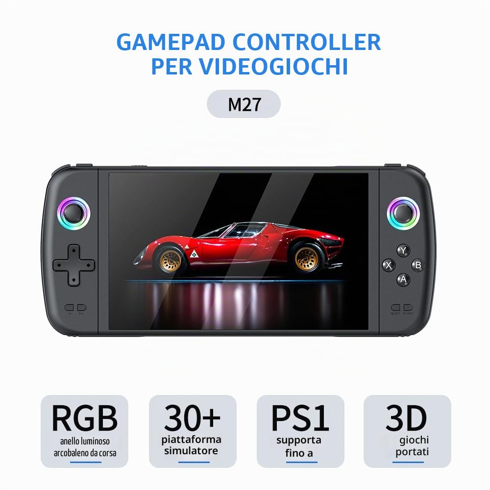 Nuova console di gioco portatile M27, 64 GB di memoria interna con 20.000 giochi, sistema Linux, schermo IPS da 7 pollici, console portatile mini arcade tascabile, uscita HD (grigio, 64 g)