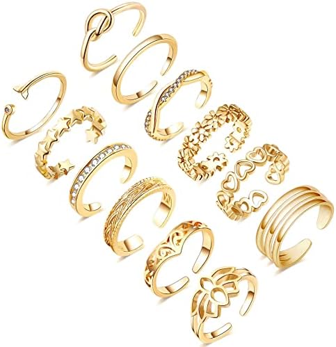 Honsny 12PCS 14K Gold/Silver Plated Toe Rings for Women Adjustable Band Rings Open Flower CZ Toe Ring Set Beach Foot Jewelry