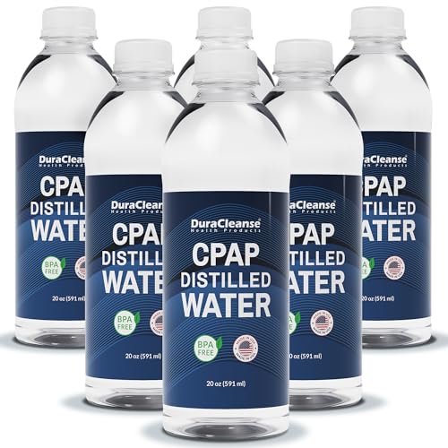 Dura Cleanse Distilled Water for CPAP Machines 6 Pack (20 oz Each) Travel Size Bottles for Resmed, Respironics Machines, Personal Humidifier - Made in USA, BPA-Free, Clean, Multi-Use, Travel-Friendly